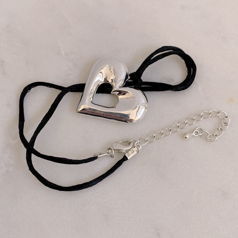 Silver Heart Trendy Necklace Satin Thread Cording